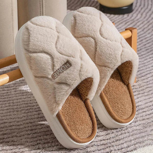 Plush Slippers Winter For Women Indoor Floor Bedroom Home Slipper Warm Solid House Shoes Men Couple - Velora