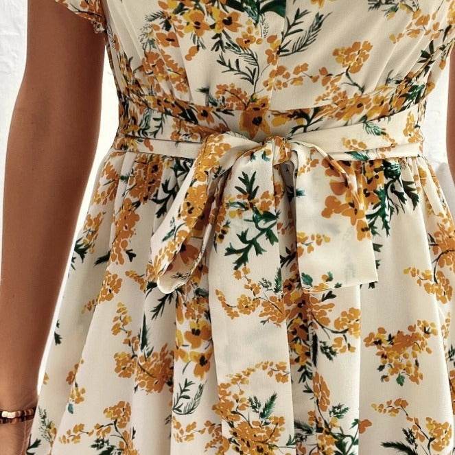 Women Bohemian Spring Short sleeve Casual flowy V-neck Tie belt Floral Summer Midi Dress - Velora