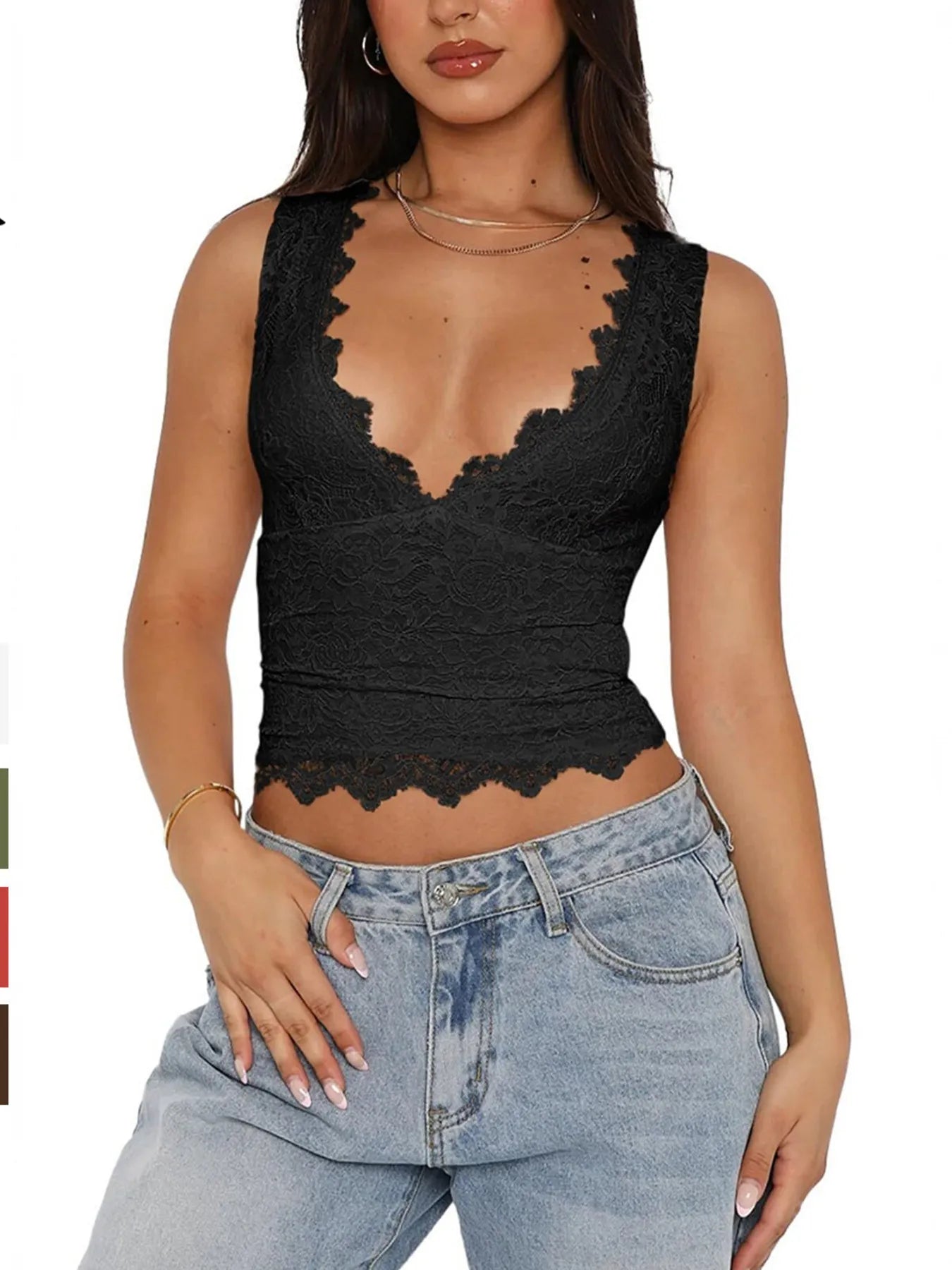 Lace V-Neck Cami Top with Scalloped Hem - Velora