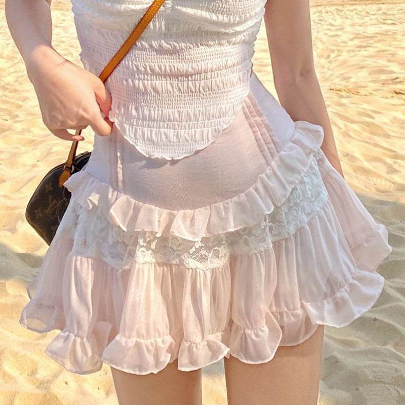 Sweet Girl Lolita High Waist Slimming Flounce Chiffon layered Mini Lace Skirt - Velora