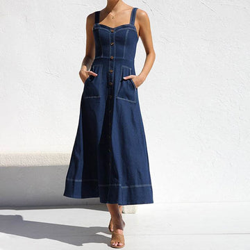 Women Sleeveless Sling Distressed Casual Style Button Denim Long Dress