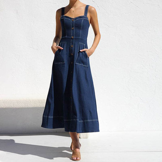 Women Sleeveless Sling Distressed Casual Style Button Denim Long Dress