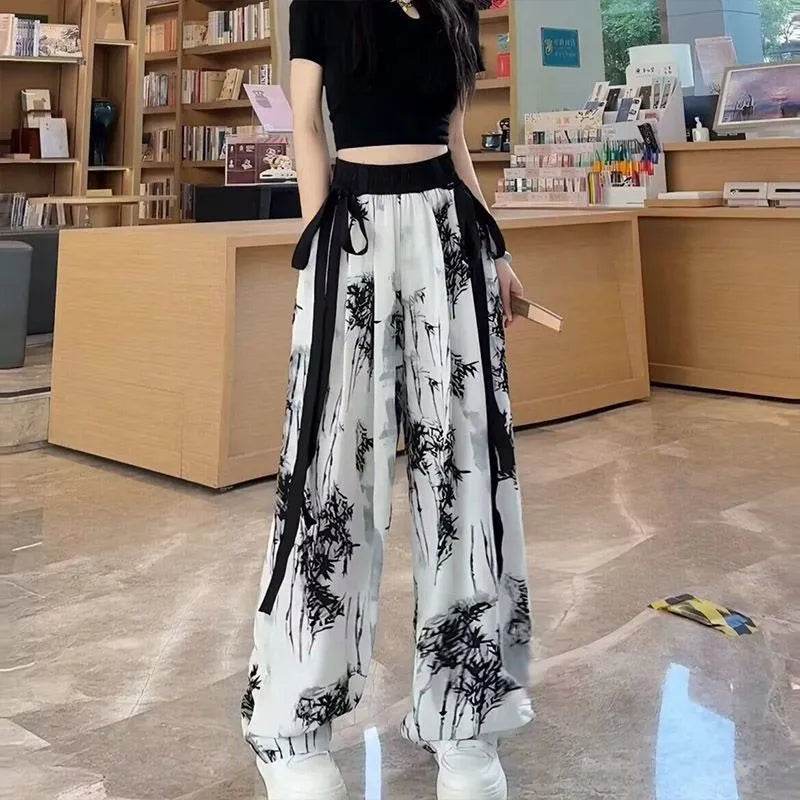 New Painting Ice Silk Wide-leg Baggy Trouser Pants Summer Women - Velora