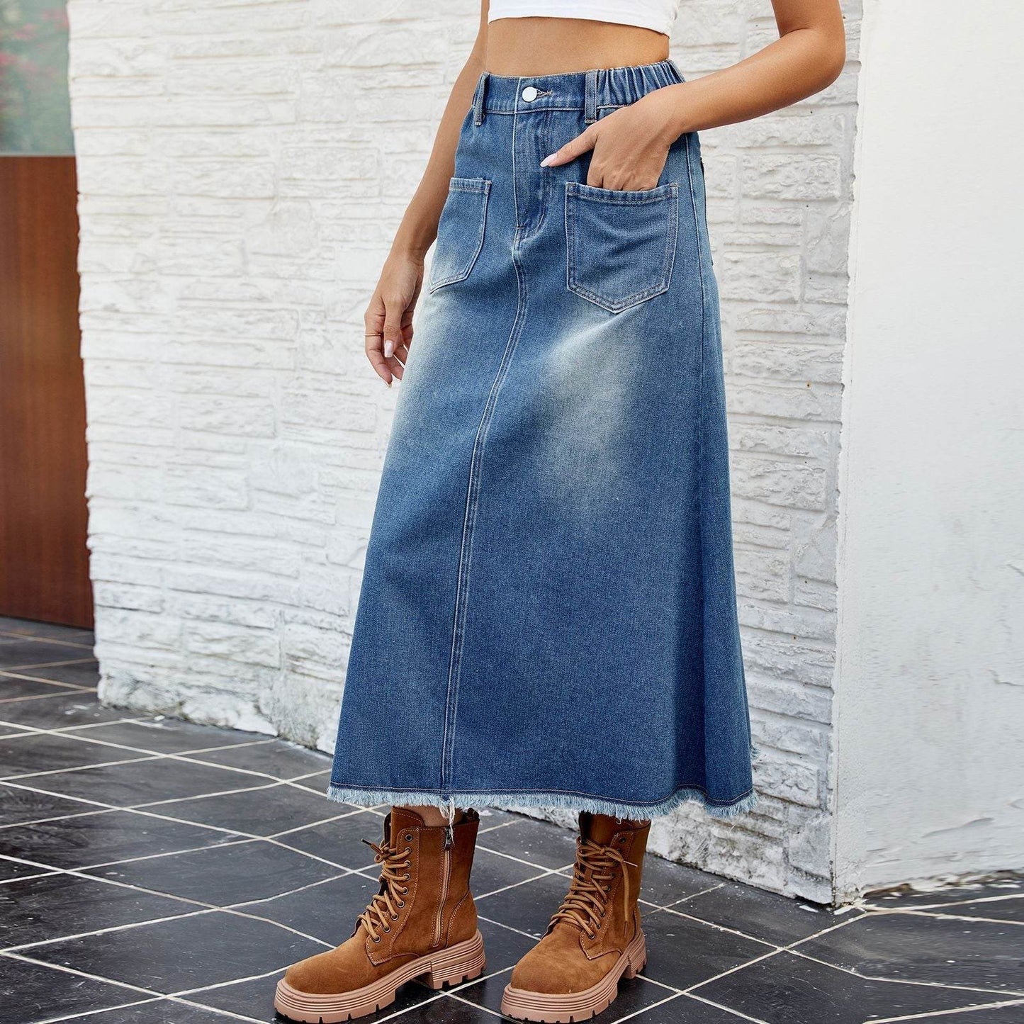 European And American Washed Frayed Hem Blue Denim Midi Skirt - Velora