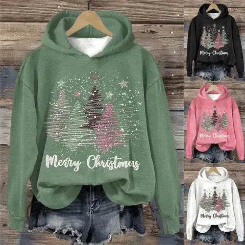 Round Neck Hooded Long Sleeve Four Christmas Trees Loose Hoodie Sweatshirt - Velora