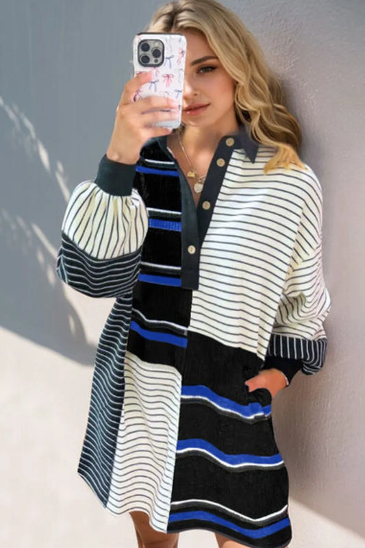 Oh Full Size Striped Half Button Long Sleeve Mini Dress - Velora