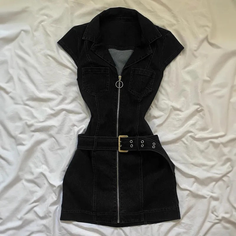 Women's Short Sleeve Bodycon Denim Mini Dress – Zip Front