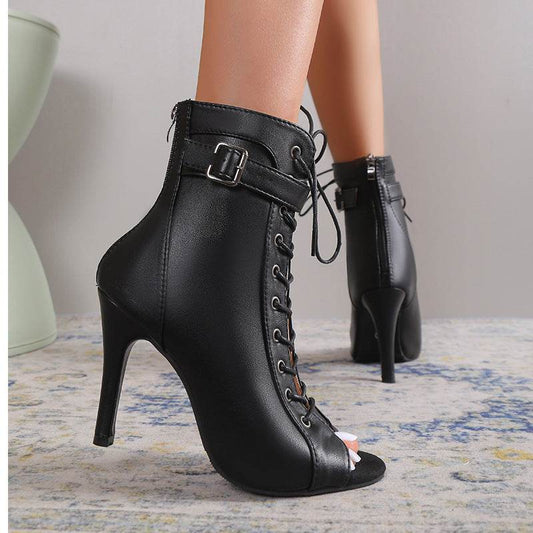 Women's Peep Toe High Heel Pumps Shoes Fashion Lace-up Buckle Sandals With Back Zipper Design - Velora