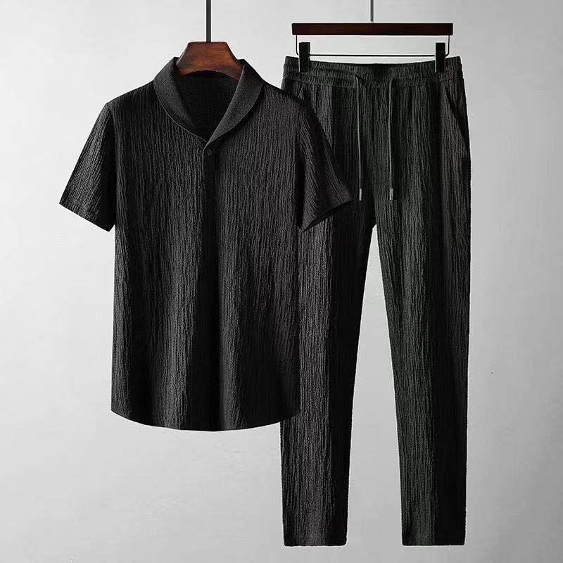 Leisure Suit Summer Loose Short Sleeve Top And Drawstring Trousers Fashion Mens Clothing - Velora