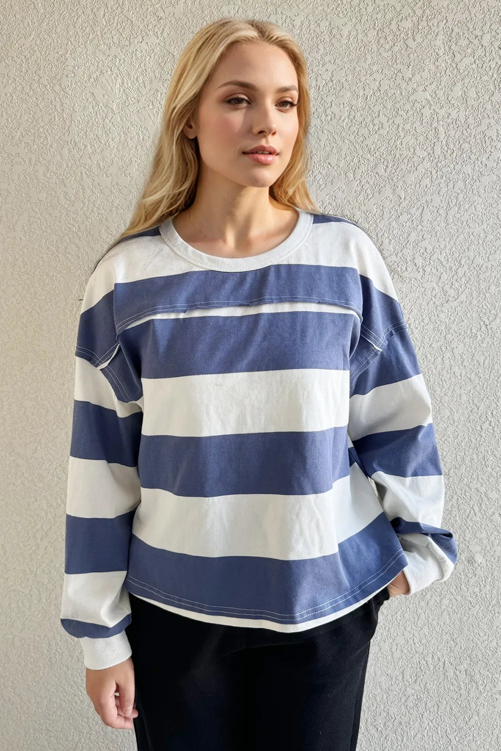 Oh Pima Cotton Wash Exposed Seam Contrast Striped Round Neck Long Sleeve T-Shirt - Velora