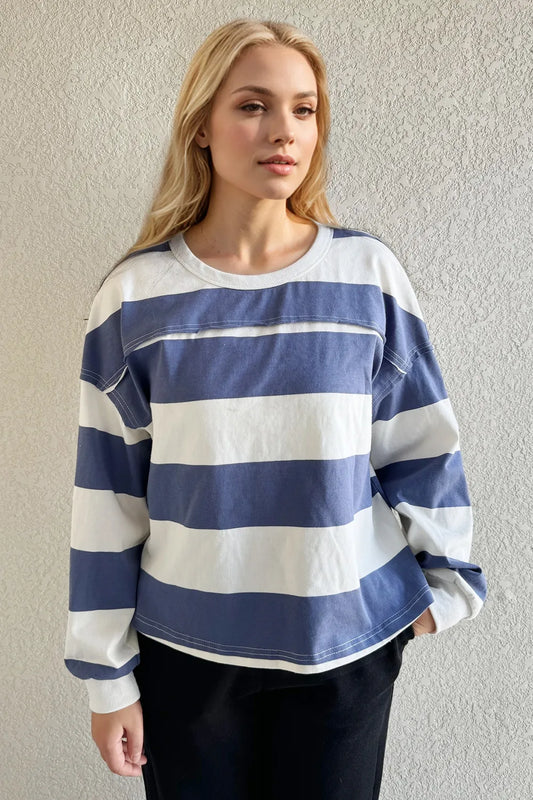 Oh Pima Cotton Wash Exposed Seam Contrast Striped Round Neck Long Sleeve T-Shirt - Velora