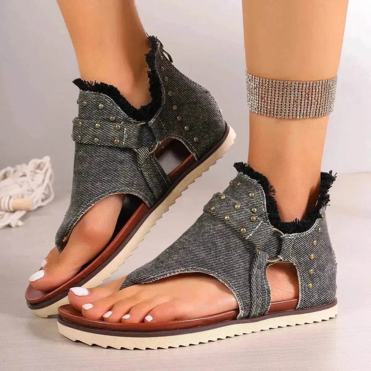 Denim Thong Sandals With Rear Zipper Summer Retro Beach Flat Sandals - Velora