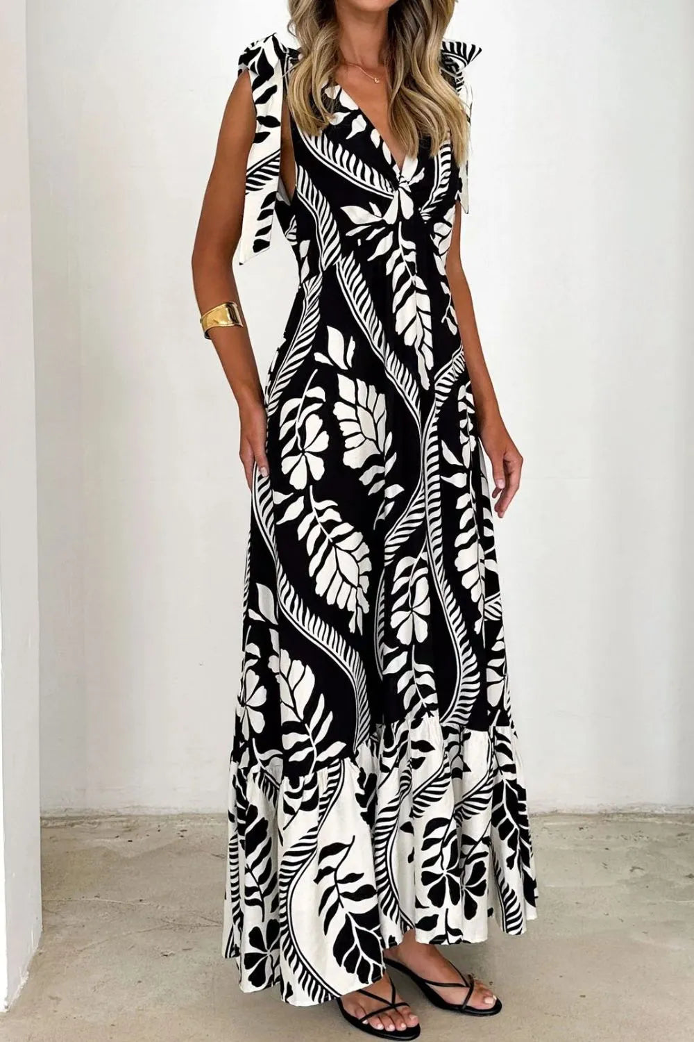 Printed V-Neck Tie Shoulder Midi Cami Dress - Velora