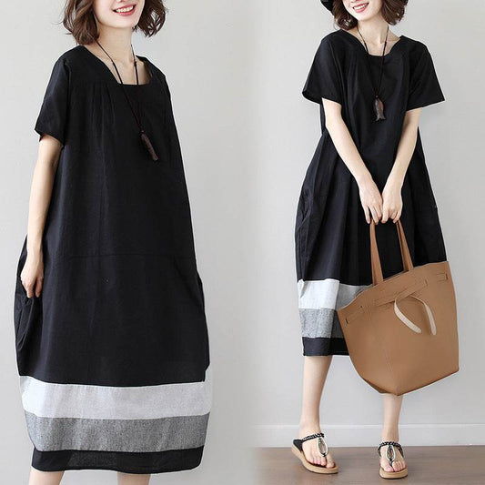 Cotton And Linen Short Sleeve Dress Large Size Women's Mid Length - Velora