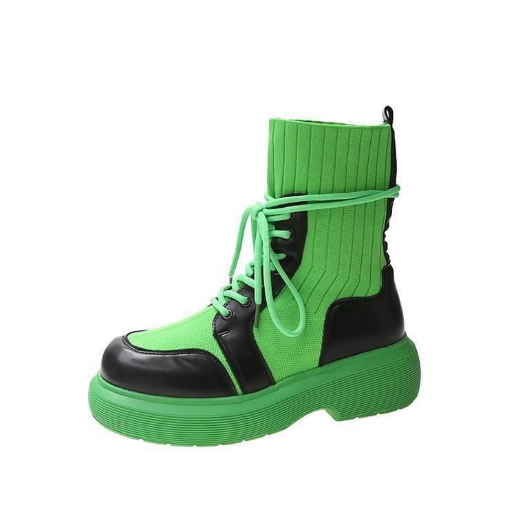Green Martin With Lace-up Thick-bottomed Heightening Straps Boots - Velora