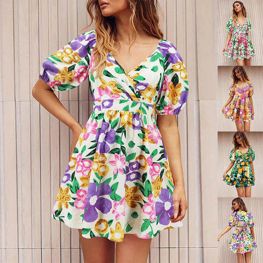 Flowers Print V-Neck Lantern-sleeve Dress Y2K Summer Vacation Beach Short Dresses Fashion Womens Clothing - Velora