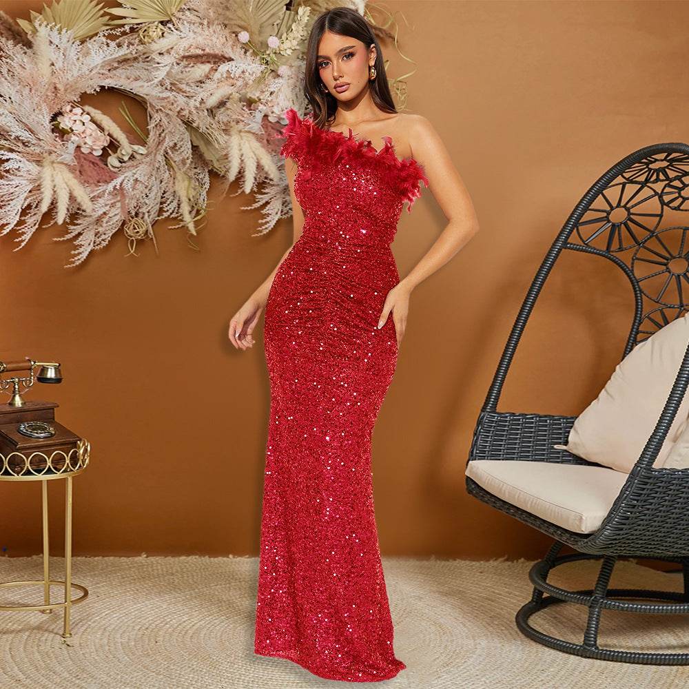 Luxury formal dress Feather Stitching Sequin Evening Dress Long dress - Velora