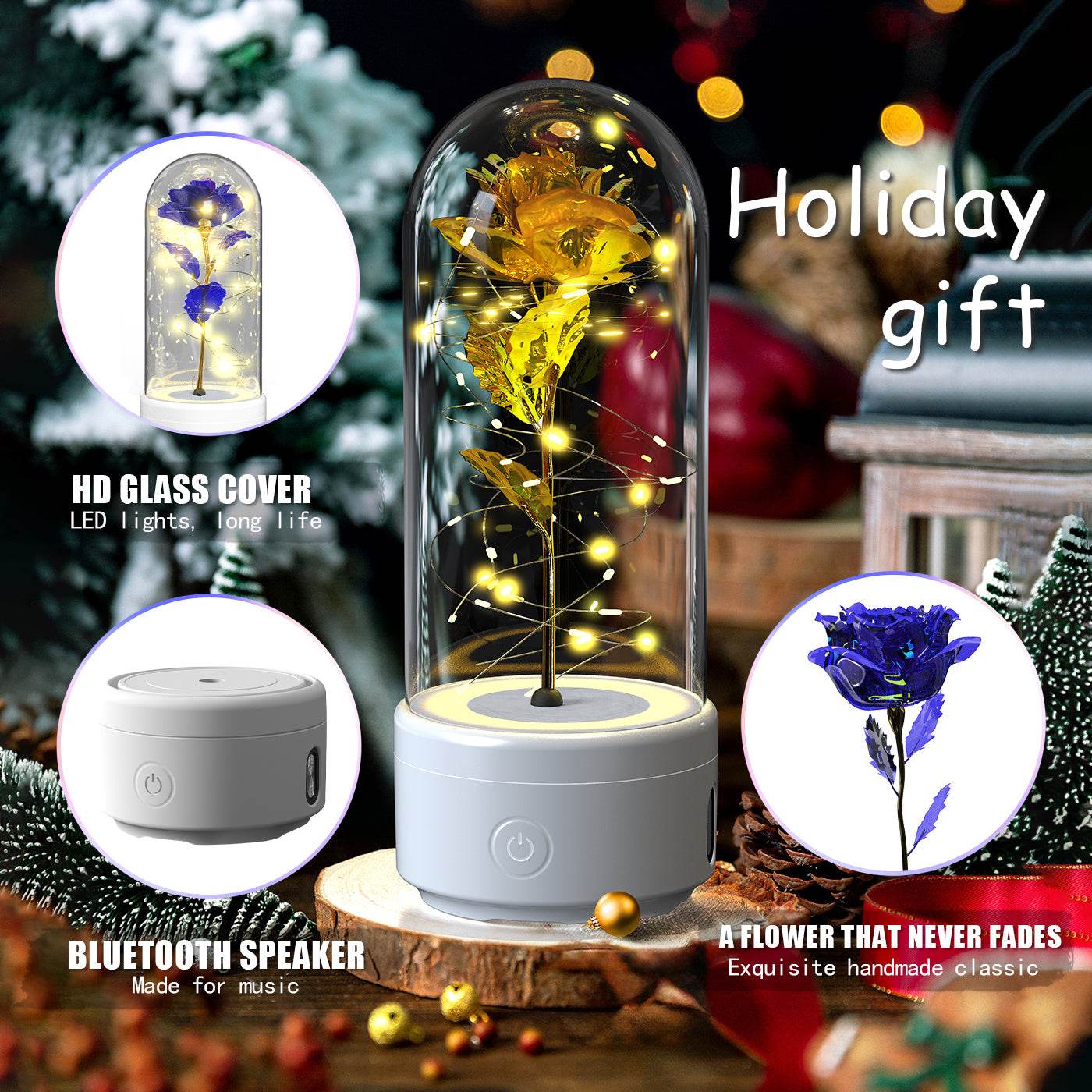 Creative 2 In 1 Rose Flowers LED Light And Bluetooth-compatible Speaker Valentine's Day Gift Rose Luminous Night Light Ornament In Glass Cover - Velora