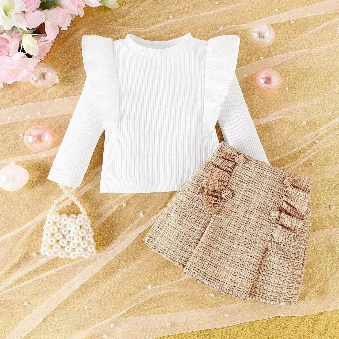 Newborn baby girl Cross-border Sunken Stripe Long Sleeve Classic Style Plaid Short Skirt Two-piece Set for baby girl - Velora
