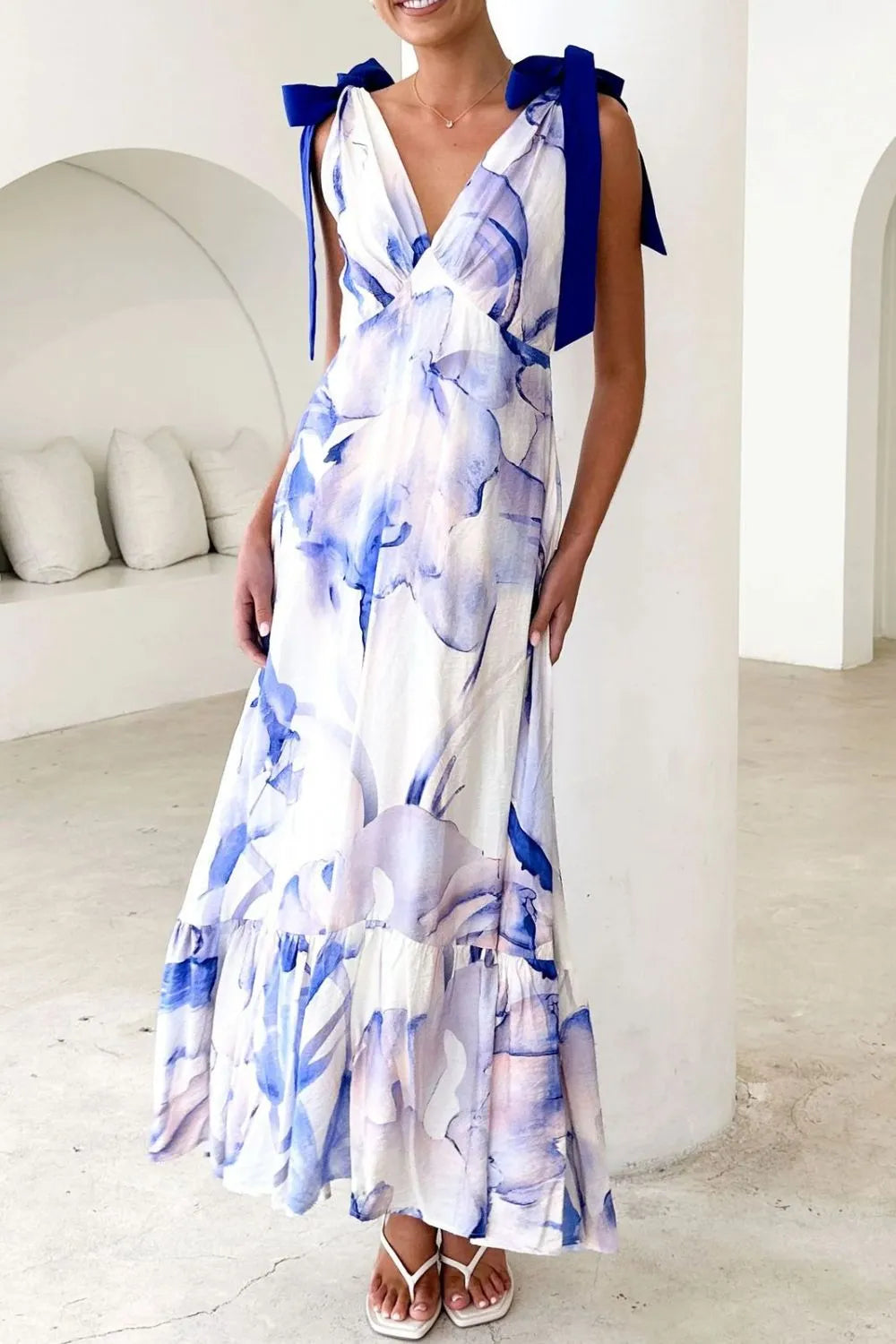 Printed V-Neck Tie Shoulder Midi Cami Dress - Velora