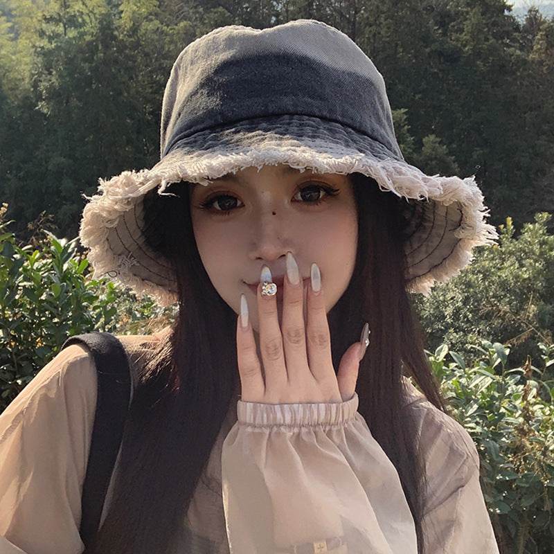 Summer Denim Bucket Hat for women Distressed Sun-proof Face-showing Small Hat - Velora