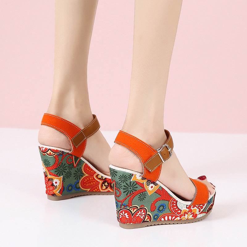 Fashion Flowers Embroidered High Wedge Sandals For Women Summer Toe Platform Buckle Shoes - Velora