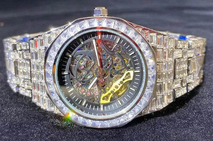 Hip Hop Full Square Diamond Luminous Hollow Mechanical Watch - Velora