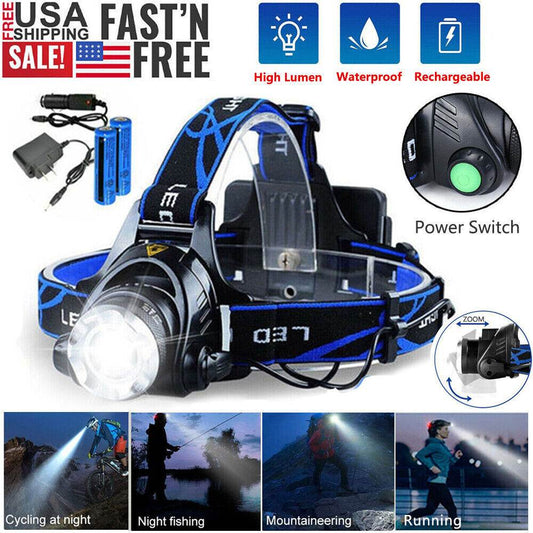 LED Headlamp Rechargeable Head Torch Zoom Headlight Lamp Super Bright Flashlight 3 Modes Light With 2 Li-ion Batteries 2 Charger - Velora