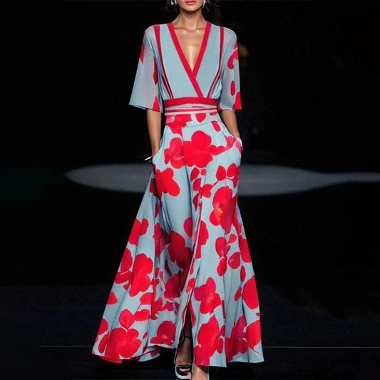 Summer V-neck Split Short-sleeved Dress Fashion Flower Print A-line Long Dresses Party Club Beach Clothing For Women - Velora