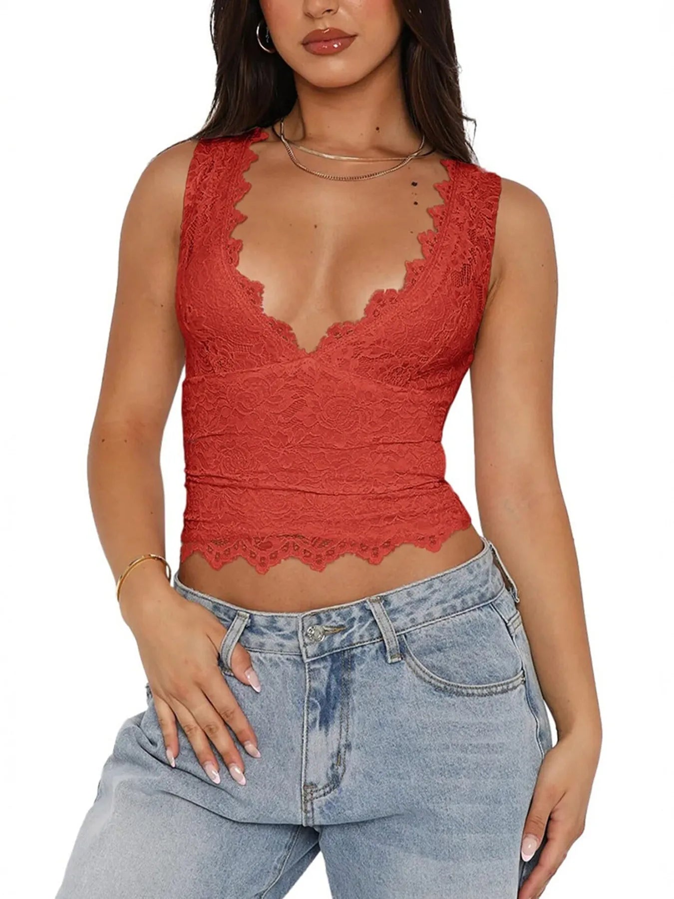 Lace V-Neck Cami Top with Scalloped Hem - Velora