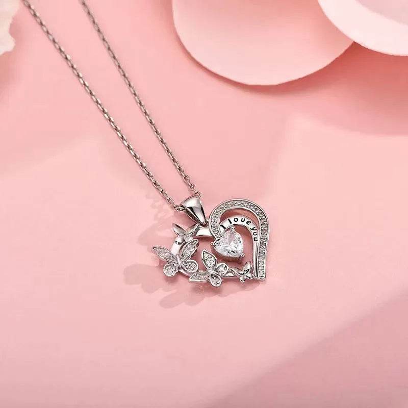 Ins Butterfly Love Necklace With Rhinestones Fashion Personality Hollow Heart-shaped Clavicle Chain Pendant Necklace For Valentine's Day - Velora
