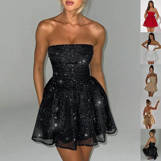 Tube Top Lace Dress With Back Bow-knot Summer Fashion Temperament Mesh Stitching Off-neck Short Skirt - Velora