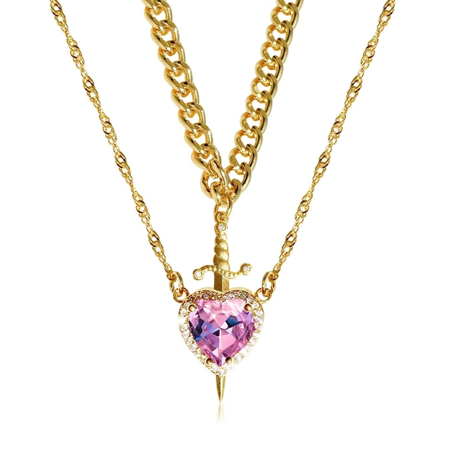 New Heart And Sword Necklace Set Gold Color Stainless Steel Crystal Couple Necklaces For Women Men Boyfriend Girlfriend Gifts - Velora