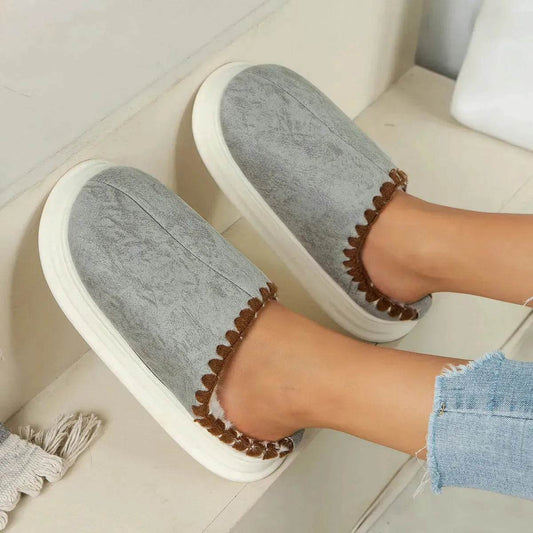Winter Fashion Cotton Slippers With Sewing-side Design Indoor Non-slip Bedroom Floor Plush Slipper House Shoes Women Couple - Velora