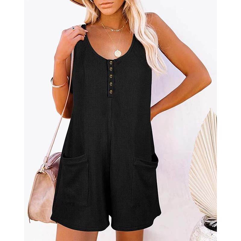 Women's Button Front Romper Jumpsuit With Pockets Casual Solid Color Sleeveless Summer Jumpsuit - Velora
