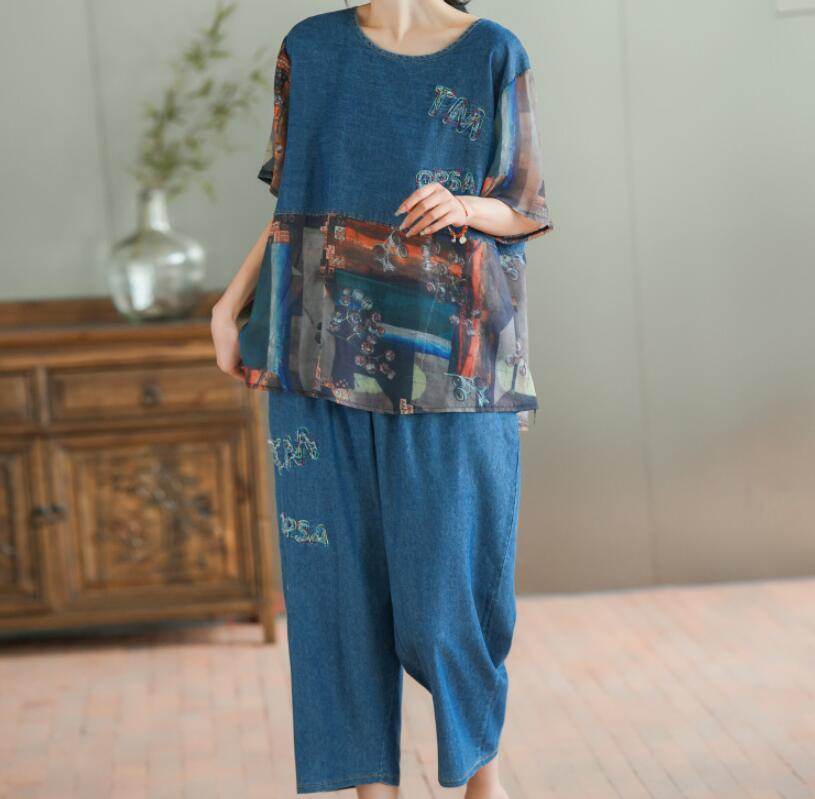 Loose Plus Size Stitching Printing Denim Suit Summer Thin Women's Casual Suit Two Fashion Sets - Velora