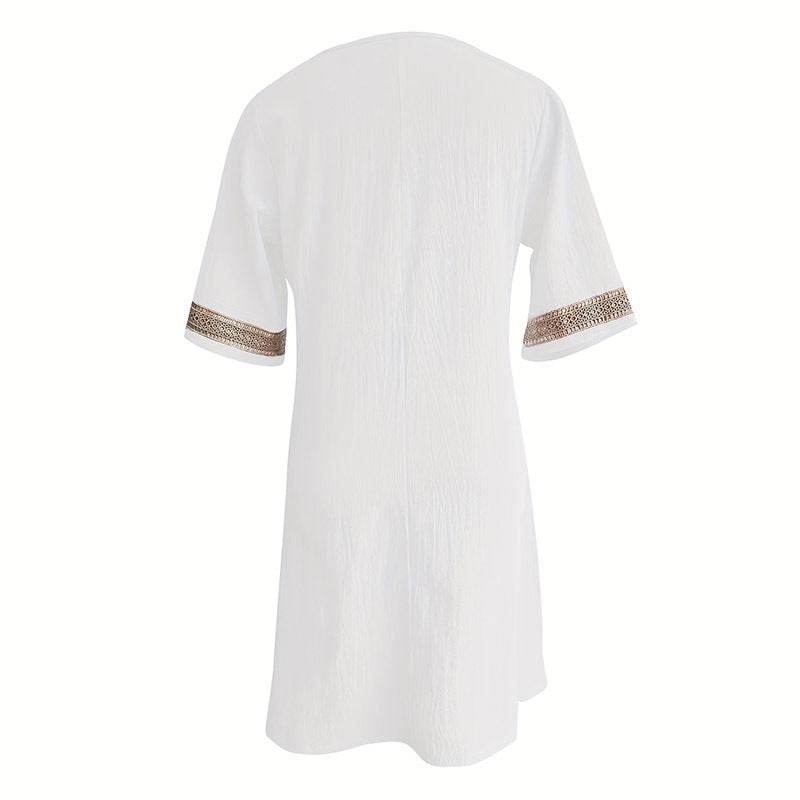 Women's Chic Guipure Lace V-Neck Tunic Dress Knee-Length, Hollow Detail,All-Season Dress - Velora