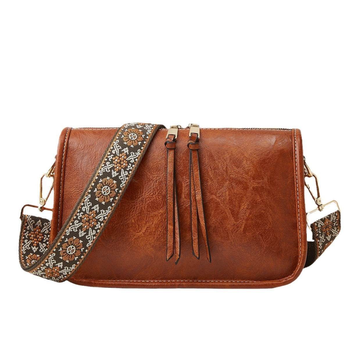 Women's Bohemian Wide Shoulder Strap Crossbody Retro Solid Color Tote - Velora