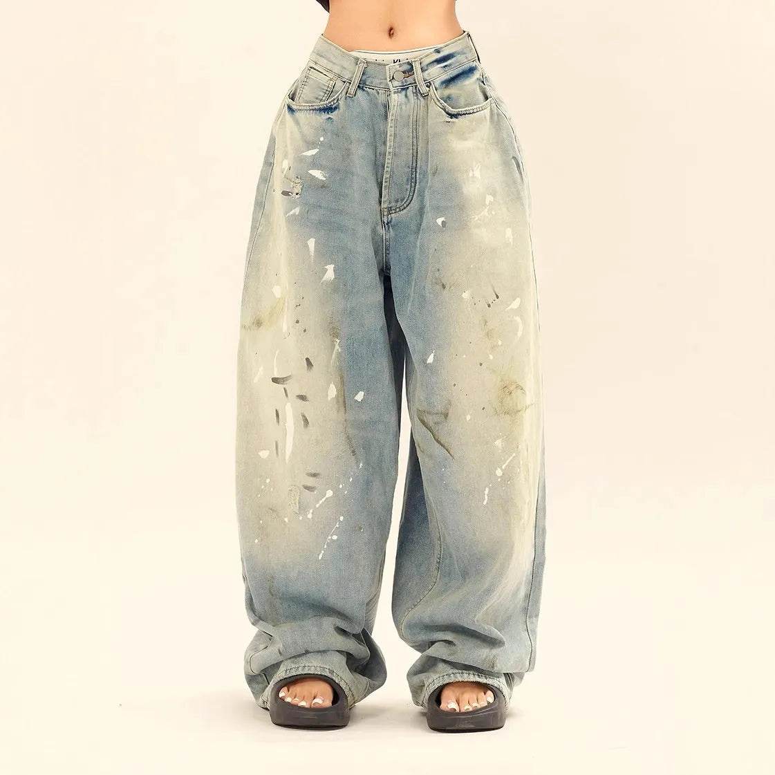 Washed Distressed Casual Loose Wide-leg Baggy Jeans Pant Splash-ink Design Slimming Unisex Style Mop Pants Men And Women - Velora
