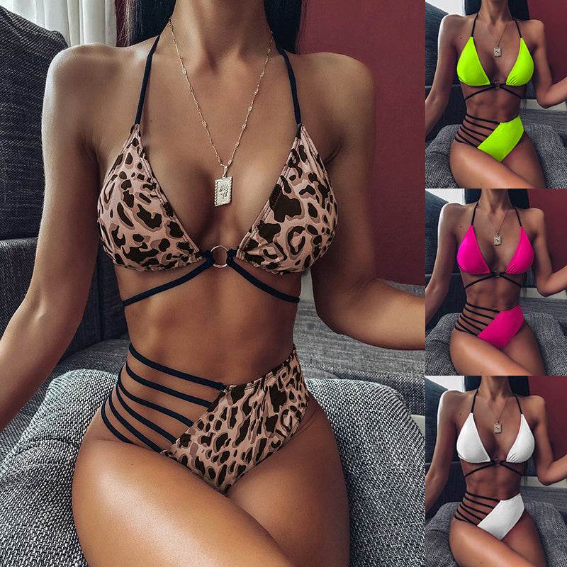 Two-piece Halter Neck Bikini Leopard Print Cutout Strap Swimsuit Set Summer Beach Womens Clothing - Velora