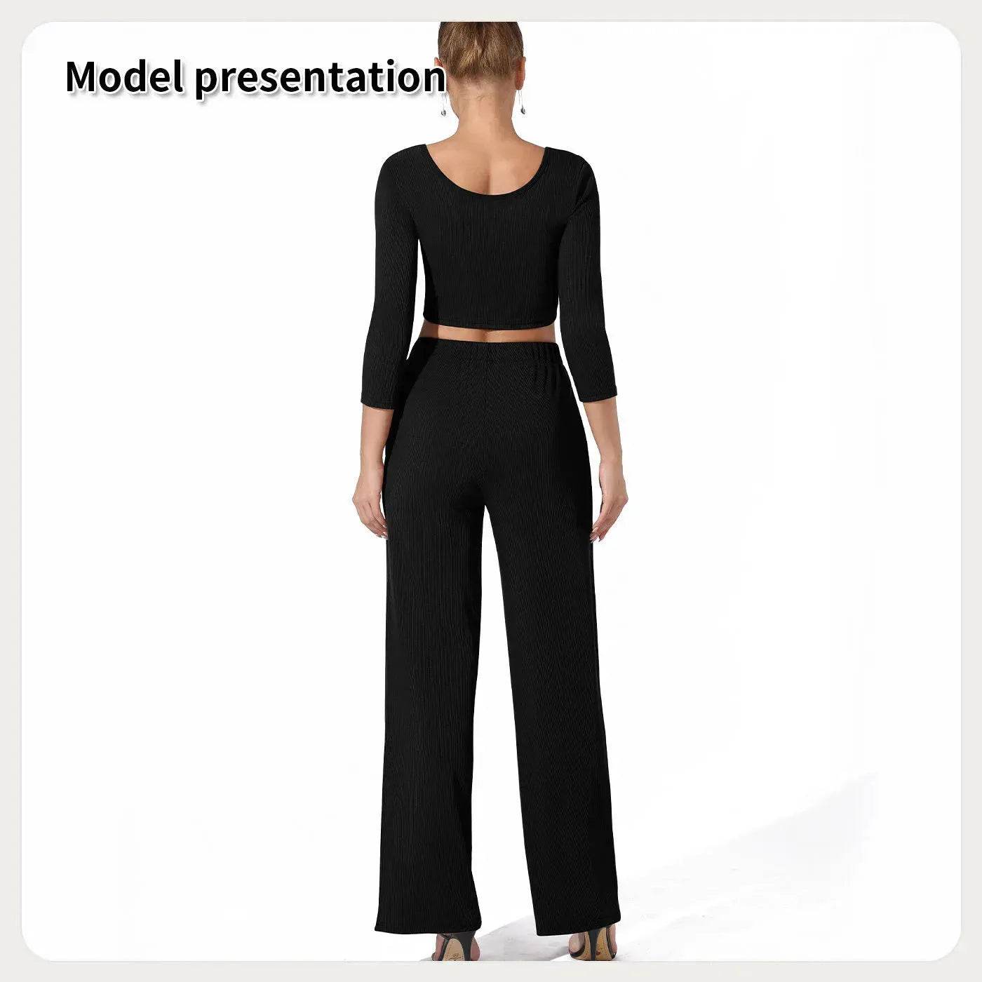 Women Fashion Casual Matching 2pcs set Long Sleeve Crop top and Pant set - Velora