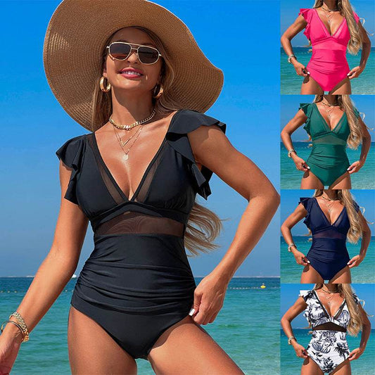 Fashion Ruffled Sleeve One-piece Swimsuit Summer Sexy V-neck Bikini Beach Womens Clothing - Velora
