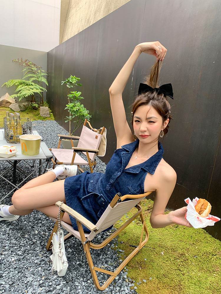 Mini Sleeveless Sheath Denim jeans halter neck Dress - Velora