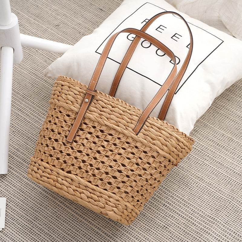 Large Capacity Fashion Urban Simple White Khaki Straw Braided shopper Beach Bag - Velora