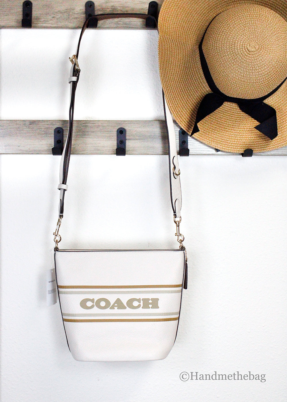 Coach Logan Striped Chalk Leather Duffle Crossbody Shoulder Bag