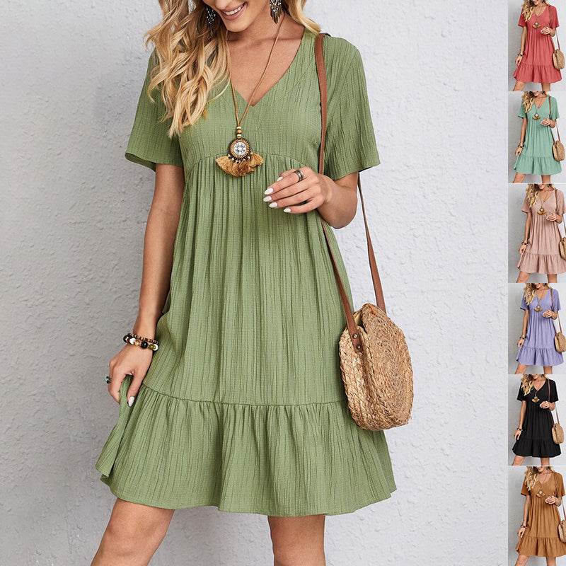 V-neck Short Sleeve Dress Summer Fashion Casual Loose Ruffled Dresses Beach Clothing Women - Velora