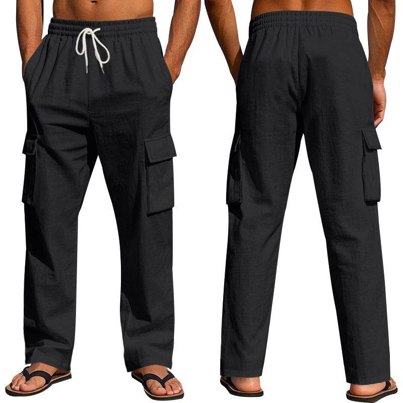 Men's Workwear Multi-pocket Straight Linen Pants Linen Four Seasons Thin Breathable Cargo Pants, Multi-pocket Loose Casual Trendy Wide-leg Pants - Velora