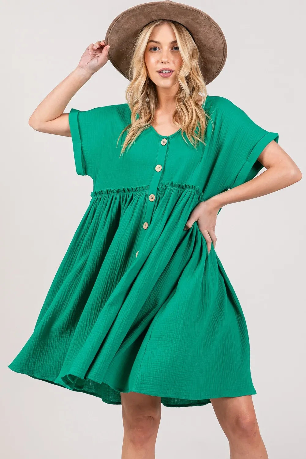 SAGE + FIG Full Size Button Up Short Sleeve Dress - Velora