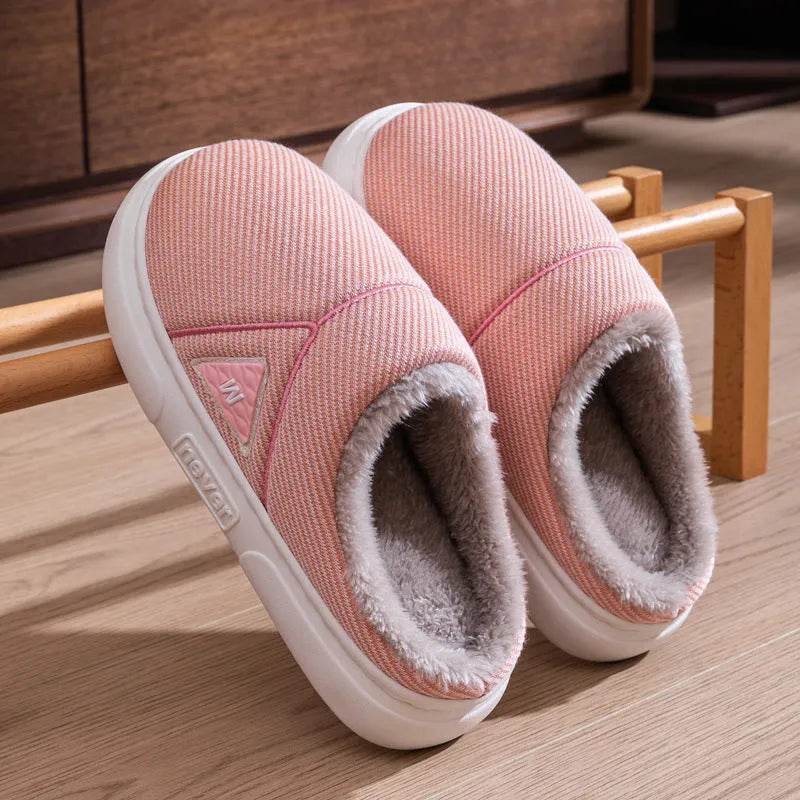 Solid Striped Home Slippers Winter Warm Fleece Shoes Men Indoor Bedroom Floor Plush Slippers For Women Couple - Velora
