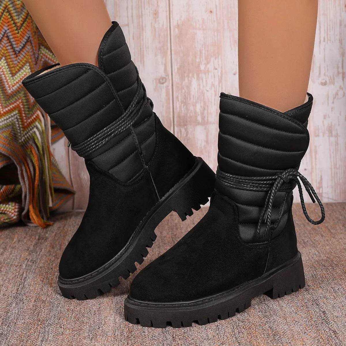 Fashion Mid-calf Snow Boots With Lace-up Design Winter Warm Thickened Low-heeled Boot Women's Casual Shoes Outdoor - Velora
